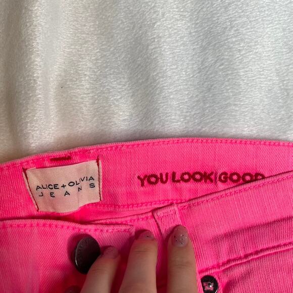 ALICE + OLIVIA Good High Rise Exposed Button‎ Fly Jean Neon Pink Skinny Ankle 26 - Picture 3 of 7